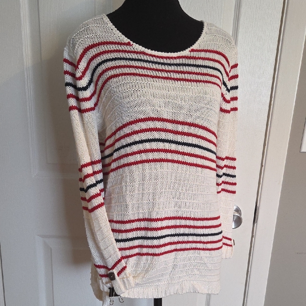 MARBLE Cream Lightweight Scoop Neck Sweater with Red & Black Stripes